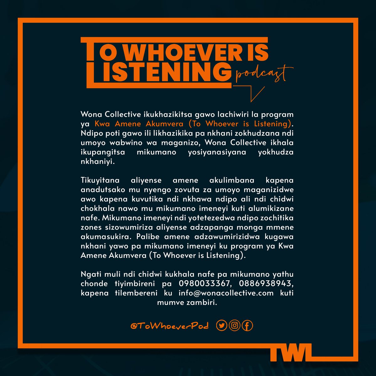 towhoeverpod's tweet photo. 'Kwa Amene Akumvera' yabweranso. Mu gawo lino tikhala tikukambirana za umoyo wabwino wa maganizo. Tizikhala ndi mikumano ya anthu amene adavutikapo ndi umoyo wa maganizo ndipo tizikhala pamodzi ndi alangizi amene ali ndi ukadaulo wa nkhani imeneyi. Muli mphamvu mu m'gwirizano. https://t.co/dC1bsNBfZ9