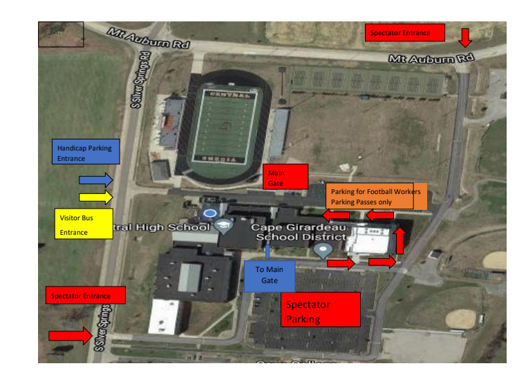 FortOsageSchool's tweet photo. For those traveling to Cape Girardeau (Central HS) for the football game Saturday, here is the parking information. https://t.co/nRi5FEk8mK