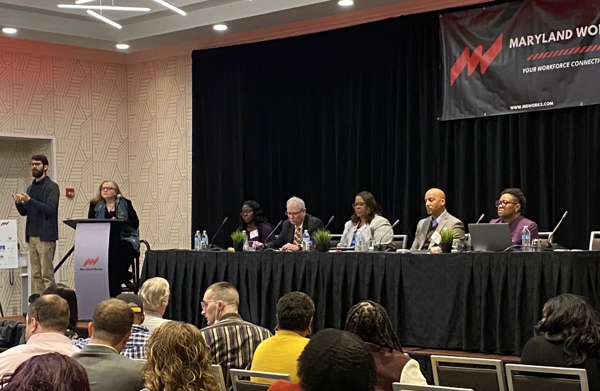 MDDisabilities's tweet photo. Jade Gingerich, Employment Director at MDOD, is moderating panel at today's Maryland Works event. Great to be here with our partners @MD_Labor, @MdSpecialEd, DORS, and others to provide info and resources to make #EmployAbility a reality!! #MDWorks https://t.co/w1EHFSxo2M