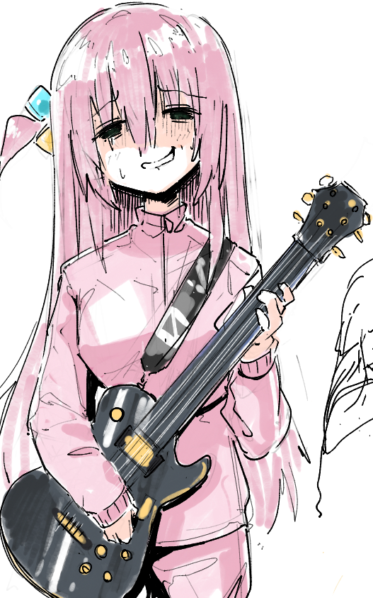 gotou hitori cube hair ornament pink jacket guitar long hair pink hair jacket instrument  illustration images