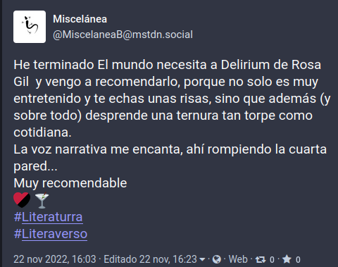 MiscelaneaB's tweet photo. Me ha encantado, @RosaGeek; es muy agradable leer una historia tan fabulosa como cabal. Gracias!

#Librófaga https://t.co/JHzjtKK21t