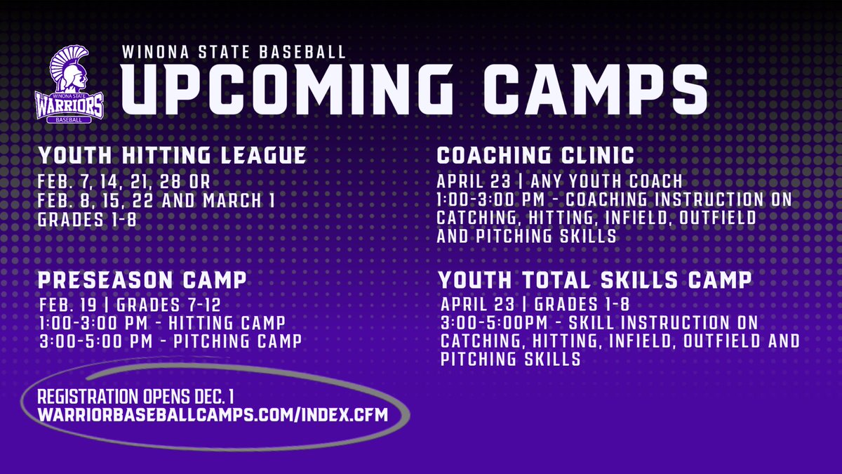 WinonaStateBase's tweet photo. Winona State Baseball is hosting camp opportunities for various ages. Get signed up today! https://t.co/4EDapl4Woa