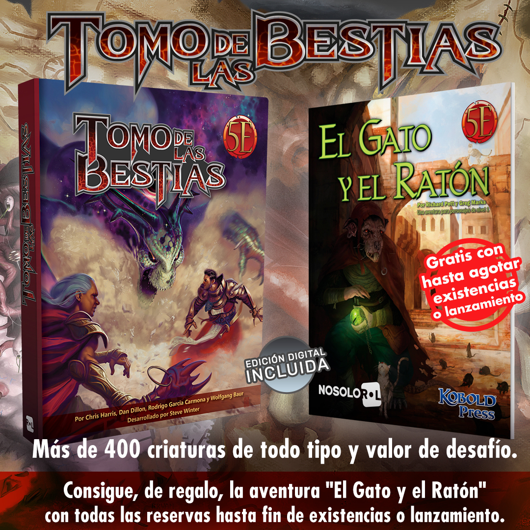 Nosolorol's tweet photo. SOLO HASTA EL 28 de NOVIEMBRE podrás conseguir la aventura #ElGatoYElRatón gratis reservando #tomoDeLasBestias para juegos #SRD5
🎲 https://t.co/YfGp56XoHn
#TeFaltaRol #MuchoRol @KoboldPress #BookOfBeasts #Monstruos #Bestiario #ElResurgirDelDragón https://t.co/pdCZ292AVj