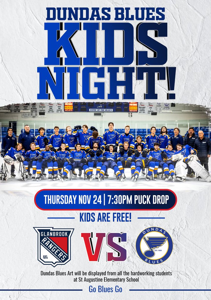 DundasBlues's tweet photo. Kids night this Thursday at JL Grightmire Arena.  The first 50 kids will receive Dundas Blues skate towels. Also there is a Food Drive Barrel in the lobby let’s fill it with non-perishable food. Support our Community at Christmas. @dundashockey https://t.co/2OtPUcWRyu