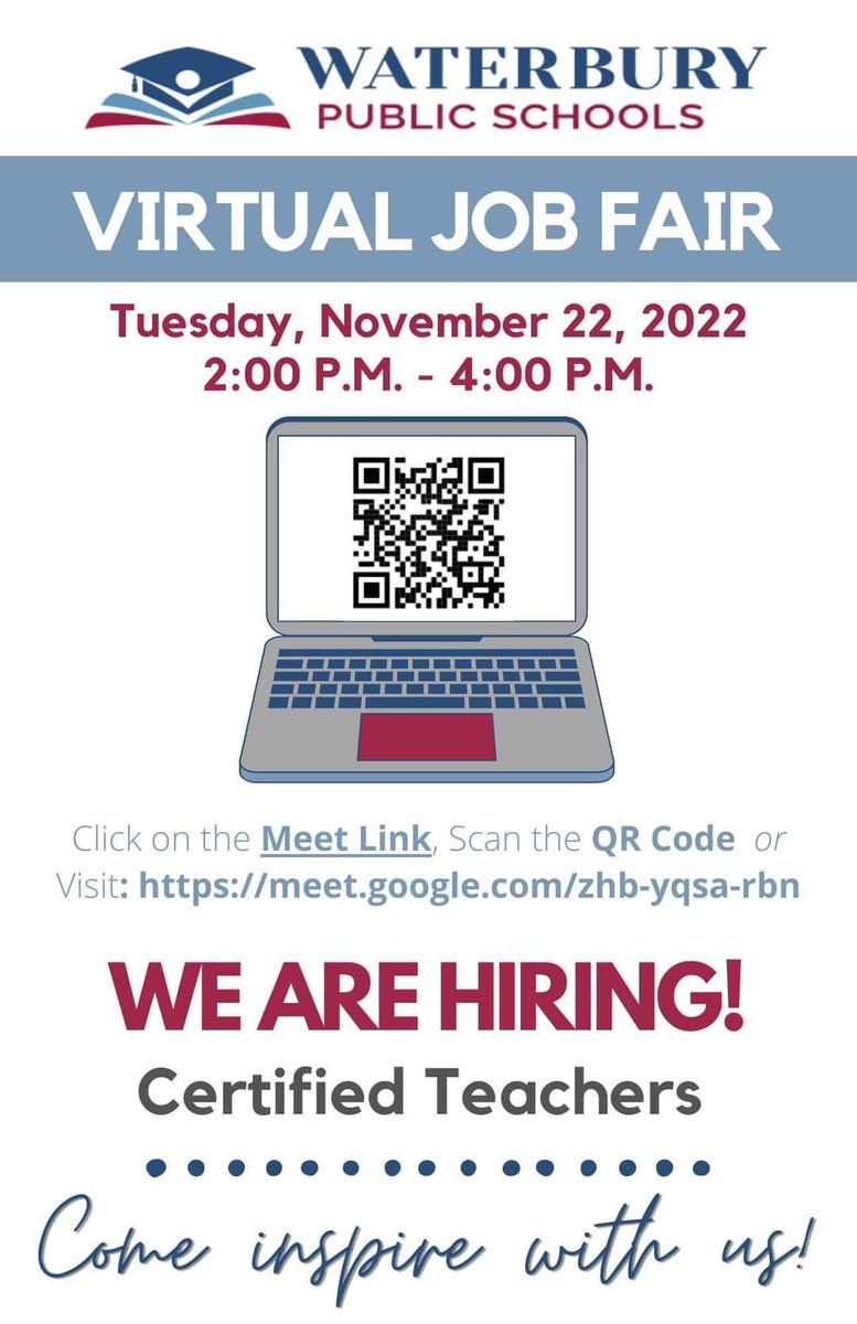 WPSHumanCapital's tweet photo. Today is the day... Join us during our virtual job fair from 2:00-4:00pm to learn about what Waterbury Public Schools has to offer and participate in on the spot interviews. Come inspire with us! https://t.co/fYb6RBtzhq