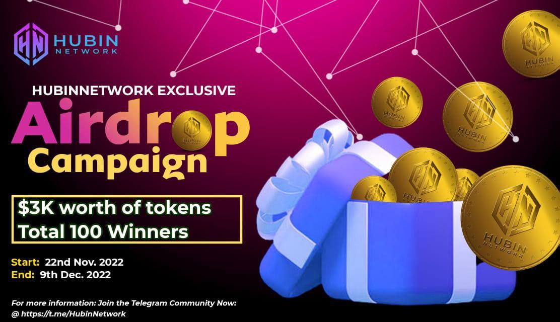 🥳<a href="/HubinNetwork/">HubinNetwork</a> EXCLUSIVE GIVEAWAY CAMPAIGN!🥳

🎉Get a share of $3000 worth of tokens to be airdropped to 50 winners🎉

To win 👉 gleam.io/cBYZh/hubinnet…

👉 Complete as many tasks as possible to get more entries!

👉 Entries start from NOW until the 9th of Dec, 2022.
#Airdrop