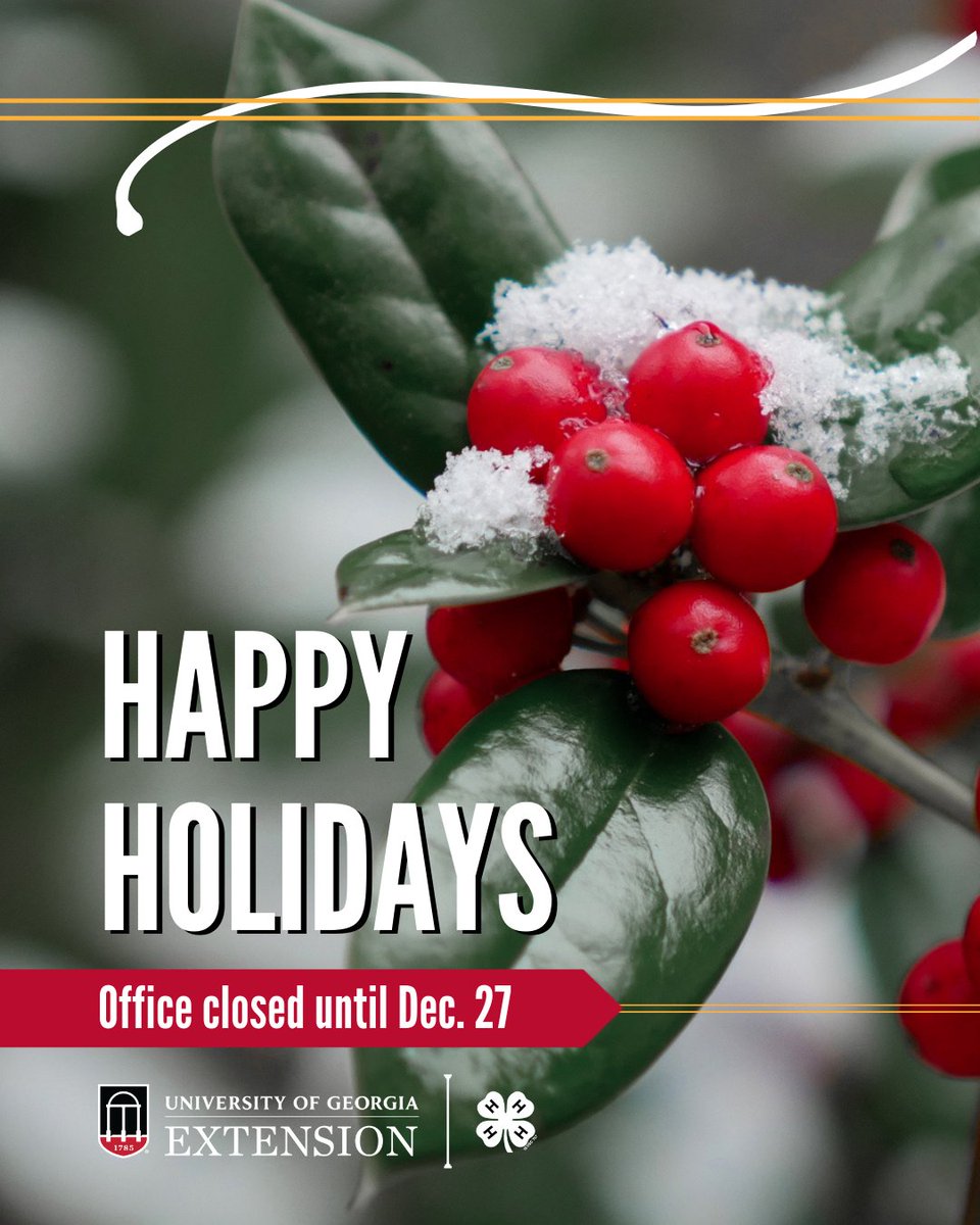 uga_fulton_ext's tweet photo. Happy Holidays! Our Fulton County Extension offices will be closed Dec. 23, 26, 30, and Jan. 2 in observance ☃️ https://t.co/2RsTfwk575