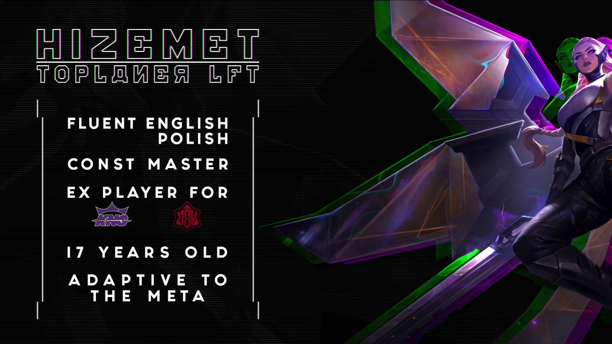 Hey, I'm currently LFT as a Toplaner.
I have over a year of competetive experience.

For more details DM me on twitter or discord Hizemet#1789

Refs: <a href="/vStr0ng3r/">vStr0ng3r</a> <a href="/BartoszGashe/">Bartosz Gashe</a> @hys_mostwanted   

❤️s &amp;🔁s appreciated😗✌️