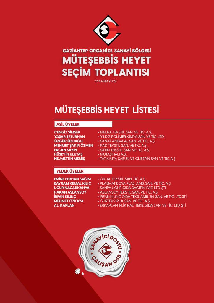 Bugün gerçekleştirdiğimiz Müteşebbis Heyet Seçim Toplantısı sonucunda Divan Heyeti’ne sunularak Sanayicilerimizin oylamasıyla yeni katılımcılarımız belirlenmiştir. 
Ülkemize, Gazi şehrimize ve sanayimize hayırlı olsun.  👏🏻

#GaziantepOSB
#SanayiciDostuÇalışanOSB 
#GAOSB