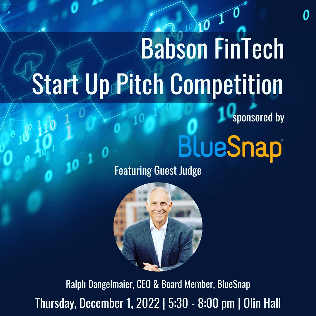 BabsonFinance's tweet photo. We are so grateful to have @BlueSnapInc as the sponsor of our first-ever Babson FinTech Start Up Pitch Competition!
Β
This event is open to the @babson & #bostonfintech communities!
https://t.co/QcCAXoCPze https://t.co/QRtnp1DhuF