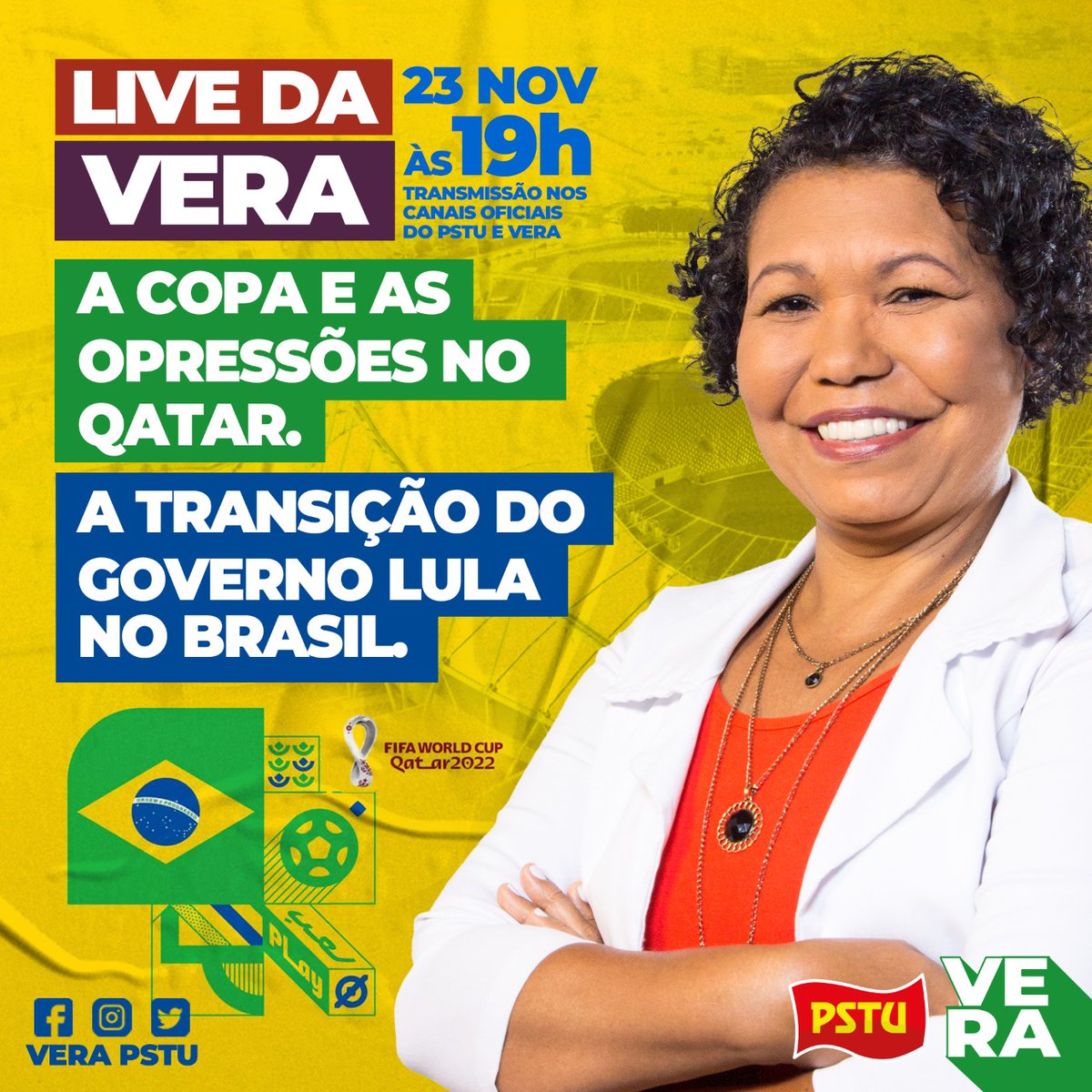 verapstu's tweet photo. Nossa live amanhã é sobre a Copa e Transição do governo!

Nas nossas redes sociais!
Não percam! https://t.co/Cte7ySUJ9X