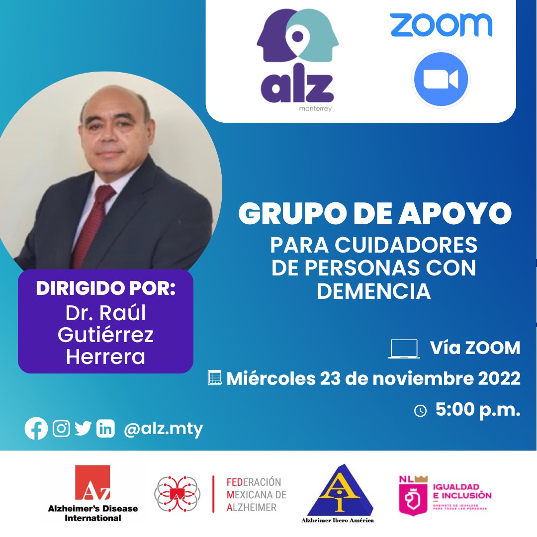 alzmty's tweet photo. ¡Hola! Te invitamos este Miércoles 23 de noviembre a las 5 pm a nuestro grupo de apoyo para cuidadores vía zoom. 😃

Liga de zoom: 
https://t.co/VsAkfJNEaQ 

☎️ 8183404051⁠
📲 8118803433 Whatsapp⁠
📧 contacto@alz.mx⁠

#Alzheimer #AlzheimerMonterrey https://t.co/yDV3Spa8WM