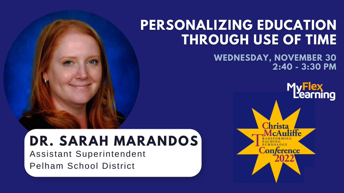 This #nhcmtc session is going to be amazing! Dr. Sarah Marandos will join us for a discussion all about how to personalize education through Flex Time. You will not want to miss this! 
<a href="/PelhamPSD/">Pelham Schools</a> <a href="/sarahmarandos/">Sarah Marandos</a> <a href="/nhcmtc/">NHCMTC</a>