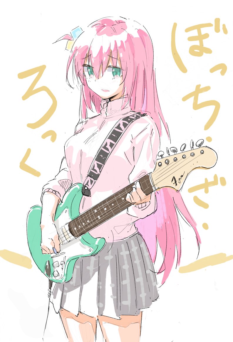gotou hitori 1girl instrument solo guitar pink hair long hair pink jacket  illustration images