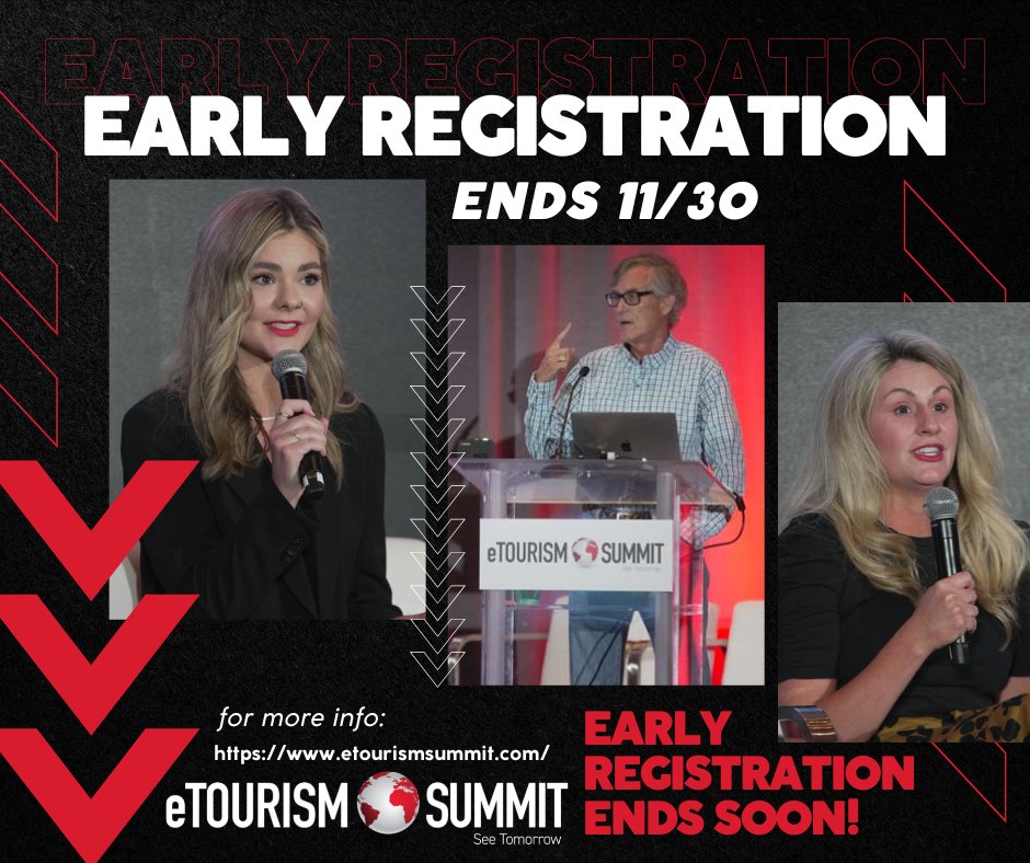 PSA: Early Registration is ending on 11/30⏰ 

If you snooze, you lose! Join us at eTourism Summit to learn what makes us the premiere place to learn about industry trends, grow your business, and more⭐️ 

Secure your spot today and save👇
etourismsummit.com/register/