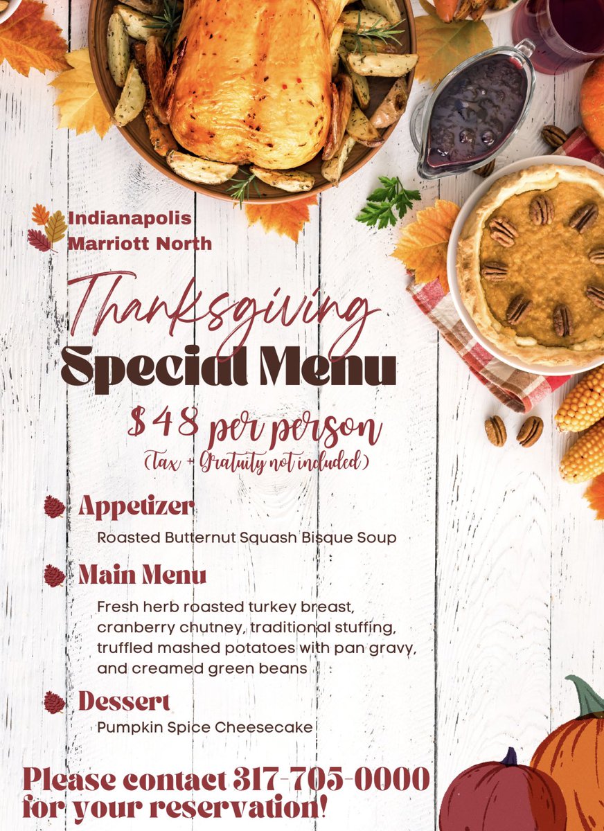MarriottIndyN's tweet photo. Last minute Thanksgiving plans? Join us for the holidays! Come and enjoy a delicious special menu with your loved ones and enjoy our beautiful views from our lakeside solarium. Call 317-705-0000 for reservations! https://t.co/6mIyDRujkZ
