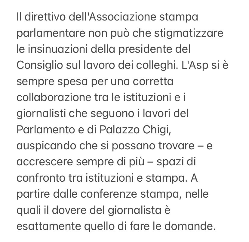 Stigmatizziamo le insinuazioni della presidente del Consiglio sul lavoro dei colleghi. Il dovere del giornalista è quello di fare domande. Il comunicato dell’Asp sulla conferenza stampa di #Meloni
