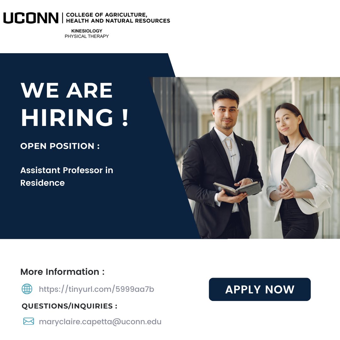 We are hiring ! 

If you are interested in becoming part of our DPT program, please check this opportunity out in the link below.
 
tinyurl.com/5999aa7b 

For inquiries, please e-mail:
maryclaire.capetta@uconn.edu