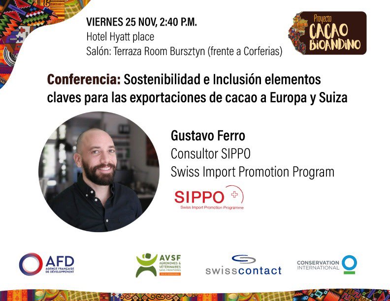📌Este viernes es de #Cacao 
El 25 Nov a las 3:00 pm acompáñanos al evento de presentación de resultados del Proyecto #CacaoBioandino implementado por <a href="/Swisscontact/">Swisscontact</a> y financiado por <a href="/AFD_en/">AFD_en 🇫🇷 🇪🇺</a> 
Consolidamos un cacao fino y de aroma, orgánico y sostenible
👉🏻 bit.ly/3Ou3wAr
