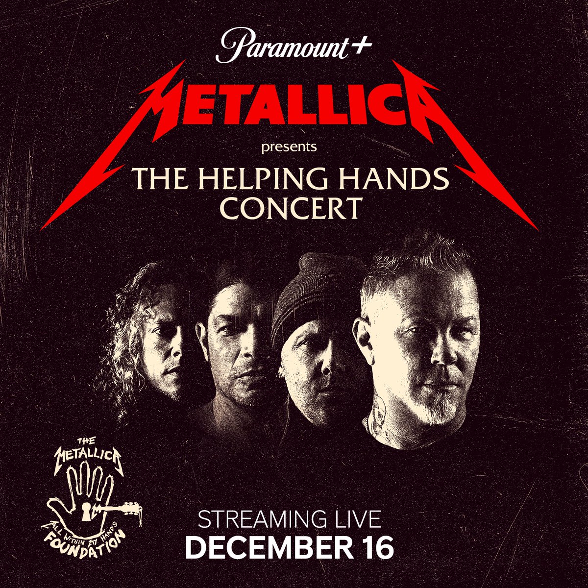 Metallica's tweet image. We’re looking forward to celebrating the achievements of All Within My Hands at this year’s Helping Hands Concert &amp;amp; Auction and we’re psyched to tell you that it will be streamed live, thanks to our friends at @paramountplus! (1/2)