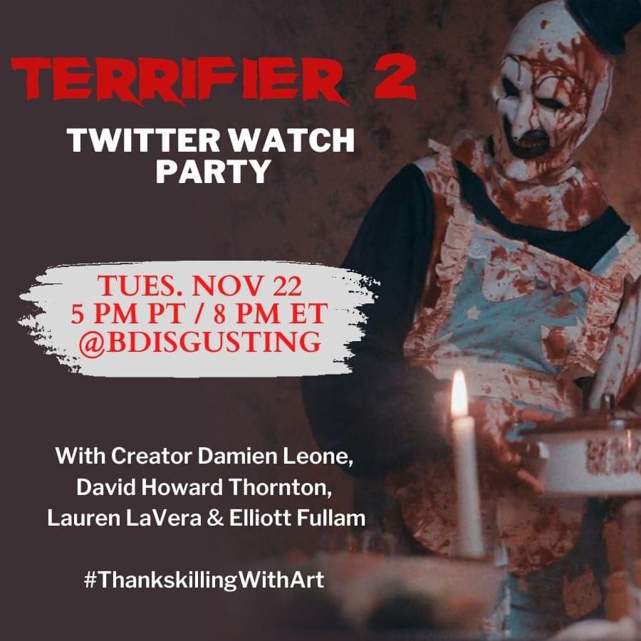 damienleone's tweet photo. Who’s participating in the Terrifier 2 watch party tonight on Twitter? Joinnnn usssss 🤡 #terrifier2 #watchparty #fun #thankskillingwithart https://t.co/RmtJQbLfzT