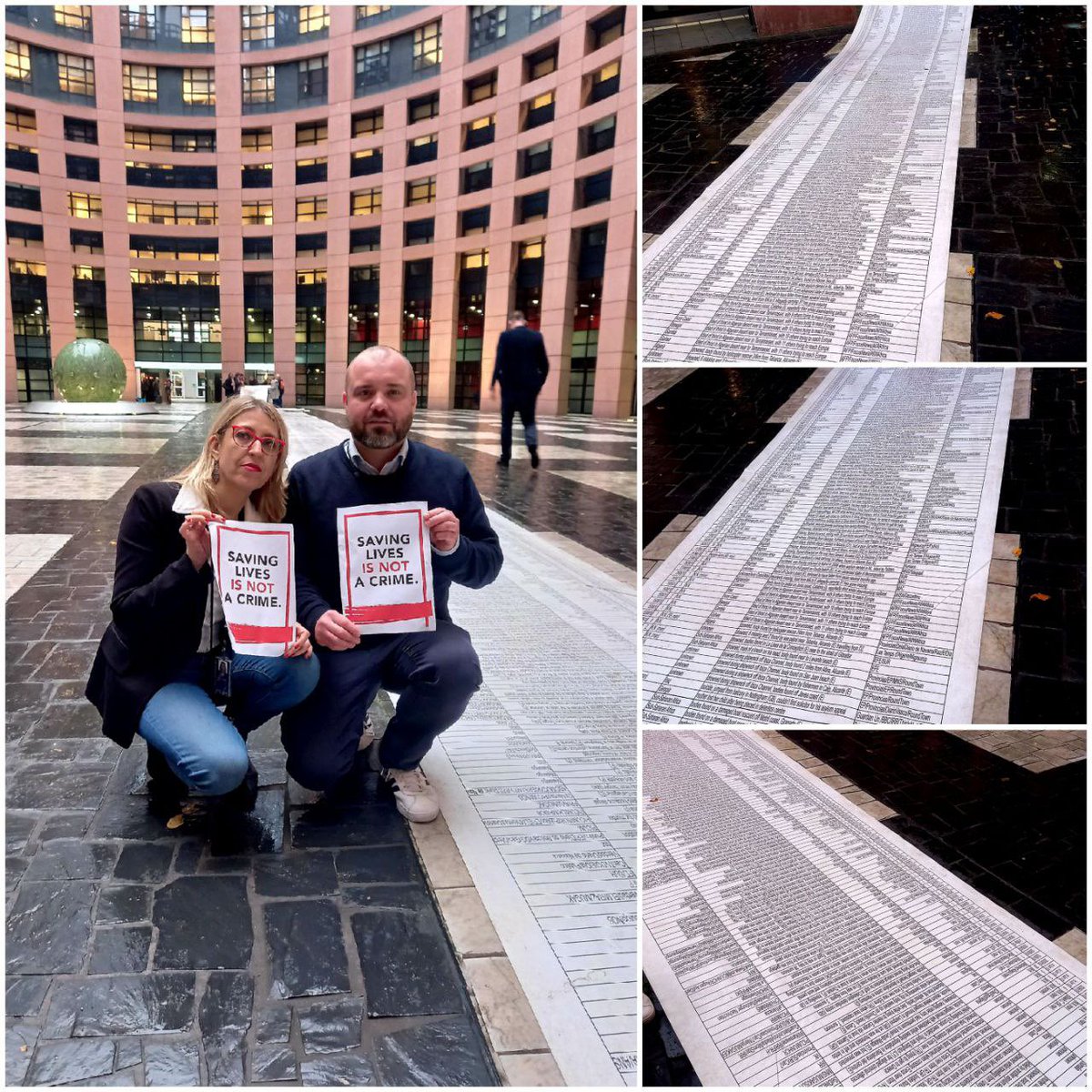 Jeg knæler med min spanske kollega <a href="/MEugeniaRPalop/">M. Eugenia R. Palop</a> ved en 100 meter lang rulle med navne.

Navnene er på dem, der er døde i Middelhavet på flugt mod Europa. 

Rullen kan ikke engang være i EU-Parlamentets gård. Den har kun plads til halvdelen af de dødes navne…
#eudk #dkpol