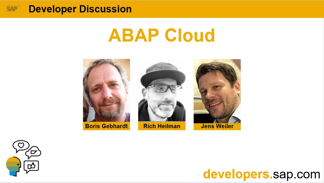 Rich Heilman (@richheilman) on Twitter photo Got questions around #ABAP Cloud? Join the live "Developer Discussion" on Tuesday, Nov 29th, 9:00AM CET, and get your questions answered by Boris Gebhardt and <a href="/ABAP4H/">Jens Weiler</a> (Jens Weiler). youtu.be/zcQsG_ett7k Got questions around #ABAP Cloud? Join the live "Developer Discussion" on Tuesday, Nov 29th, 9:00AM CET, and get your questions answered by Boris Gebhardt and <a href="/ABAP4H/">Jens Weiler</a> (Jens Weiler). youtu.be/zcQsG_ett7k