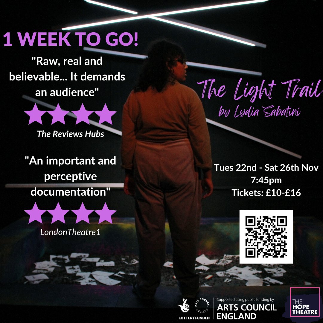 LightTrailShow's tweet photo. It's our final week - be sure not to miss Lydia Sabatini's 'extraordinarily powerful' play, open until Saturday 26th!
⭐️⭐️⭐️⭐️@TheReviewsHub 
⭐️⭐️⭐️⭐️@LondonTheatre1  

🗺️ @TheHopeTheatre 
🕖7:45pm
🎟️£10-£16
https://t.co/yWU6x2Vlml https://t.co/RXBkb7bvrA