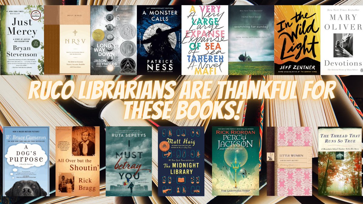 BlazeLibrary's tweet photo. Here are the books @rucoschools high school librarians are thankful for! @DrJimmySullivan #justmercy #bible @JasonReynolds83 @PatrickNessPH @RutaSepetys @jeffzentner @rachelheldevans @matthaig1 @TaherehMafiBR @rickriordan #rickbragg #littlewomen #literacy @readtosucceed @TASLTN https://t.co/P8Q6DEXlEA