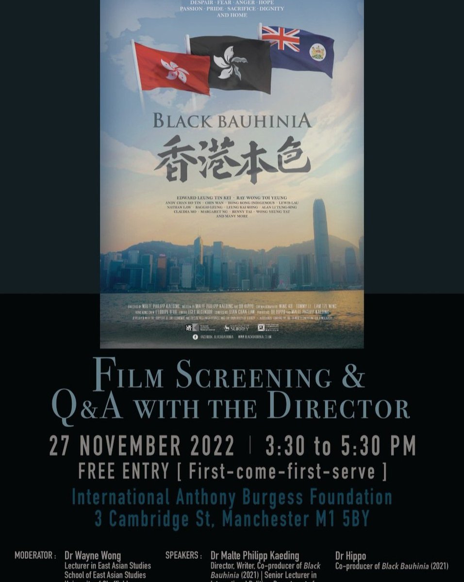 SmaSurrey's tweet photo. Our own Dr Malte Kaeding's film, Black Bauhinia, is being screened again on Sunday in Manchester!
The event includes a Q&amp;A, it'll be a very exciting event! https://t.co/LuV7eCv8wt