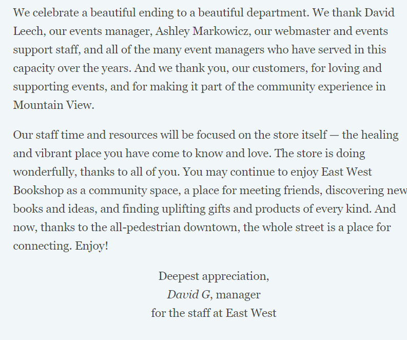 Here is our final statement on East West Bookshop Events. Gratitude to everyone for 50 amazing years.