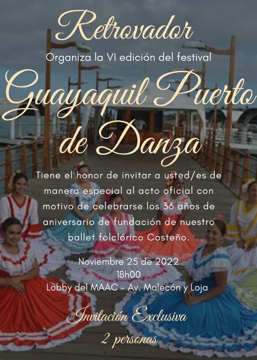 El grupo de danza Retrovador, celebra los 36 años de fundación de su ballet folclórico Costeño.

Lugar: Lobby del <a href="/MaacEc/">MaacEc</a> 
Fecha y hora: 25 de noviembre a las 18h00.