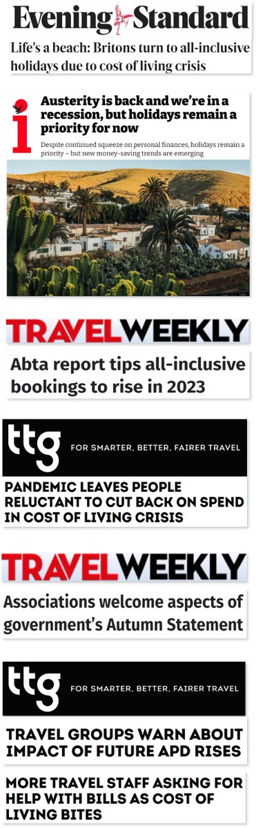 Check out our latest ABTA in the News, featuring coverage for our latest Travel in 2023 report, our CEO’s response to the Autumn Statement and <a href="/ABTALifeLine/">ABTA LifeLine</a>’s Director comment piece on the support the charity provides the #travelindustry ow.ly/iW7P50LKXuU