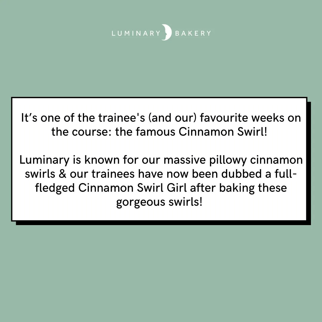 LuminaryBakery's tweet image. It’s one of the trainee&apos;s (and our) favourite weeks on the #LuminaryEmployabilityCourse: the famous Cinnamon Swirl! 

Luminary is known for our massive cinnamon swirls &amp;amp; our trainees have now been dubbed a full-fledged #LuminaryCinnamonSwirlGirl.