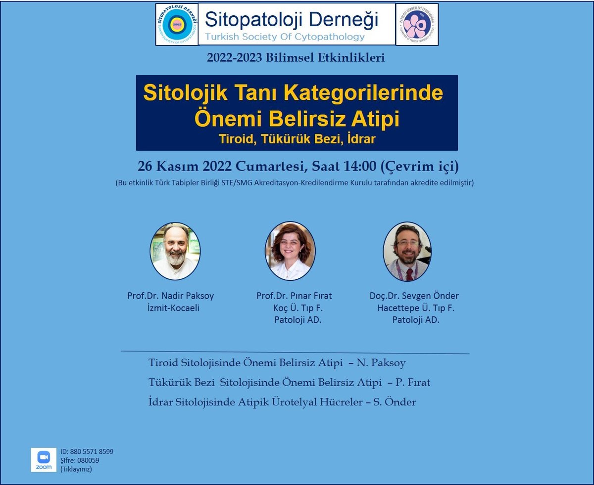 Değerli Meslektaşlarımız,

Sizleri Sitopatoloji Derneği'nin 2022-2023 Aylık Bilimsel Etkinliklerinin ilki olan Sitolojik Tanı Kategorilerinde Önemi Belirsiz Atipi başlıklı çevrimiçi toplantımıza davet ediyoruz.

Sitopatoloji Derneği adına

Sevgen Önder