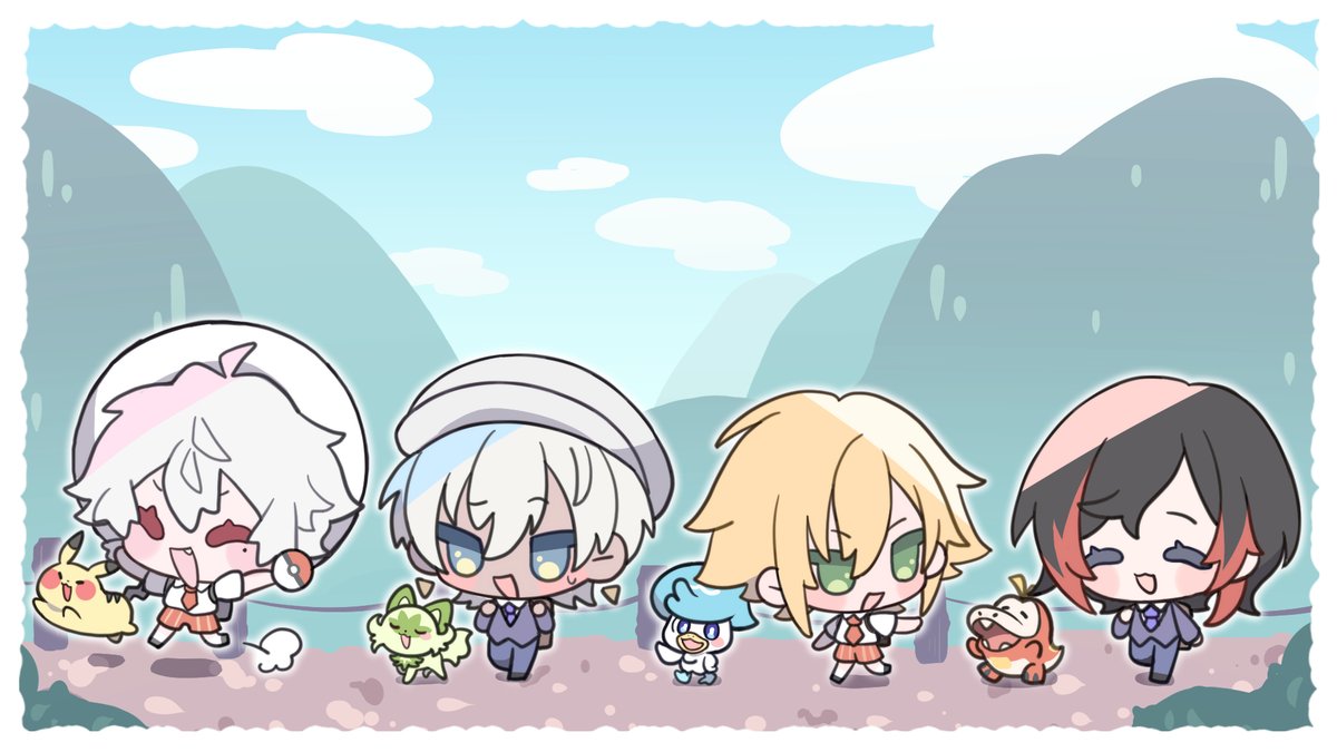 multiple boys chibi blonde hair green eyes black hair red hair pants  illustration images