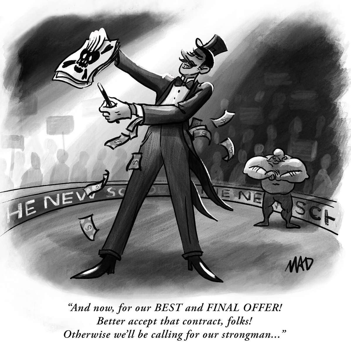 UAW7902's tweet photo. “And now, for our BEST and FINAL OFFER! Better accept that contract, folks! Otherwise we’ll be calling for our strongman…”

The New School’s union-busting tactics are designed to divide us and to subvert workplace democracy

Shameful!

Art by @Ouimaelle
https://t.co/JfLnZqDsDc https://t.co/ue9B8nJqqk