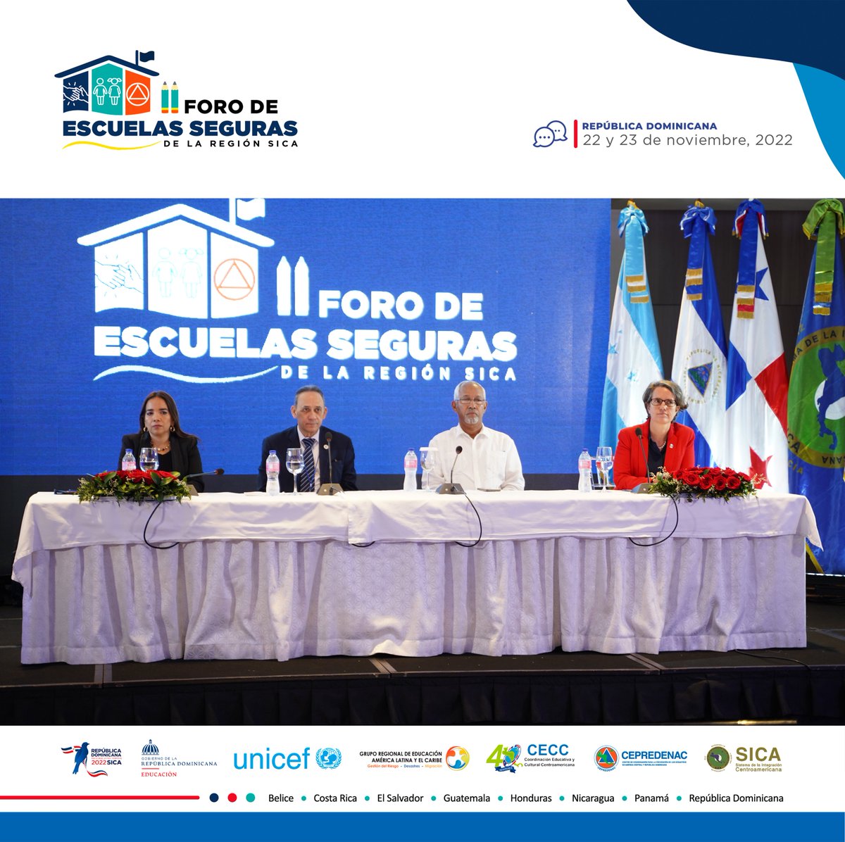 CEPREDENAC's tweet photo. Secretaria Ejecutiva @C_HerreraMelgar, junto a Roberto Suárez, Secretario Ejecutivo @se_CECCSICA, Ángel Hernández, Ministro de Educación de República Dominicana y Saskia Carusi, Official de @UNDRR_Americas participaron en la apertura del
#SegundoForoSICA #EscuelasSegurasSICA https://t.co/gnfYT79o5F