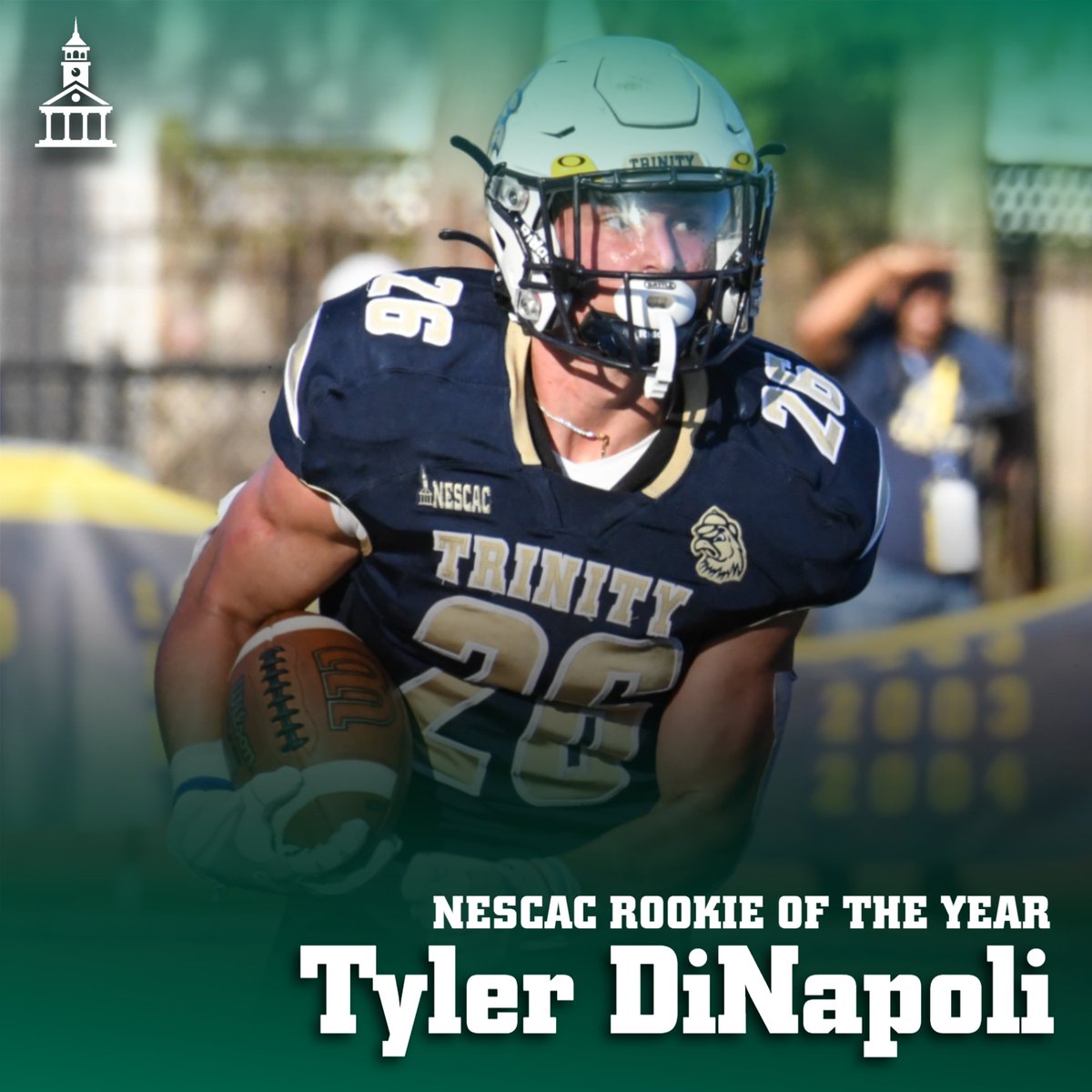 NESCAC's tweet photo. 🏈 | NESCAC Football awards announced

• OFF-POY: Phil Lutz, TUF
• DEF-POY: Nick Helbig, WES
• ROY: Tyler DiNapoli, TRI
• COY: Jeff Devanney, TRI

> https://t.co/w3mwurNxjS https://t.co/Dr5fEWJpEr