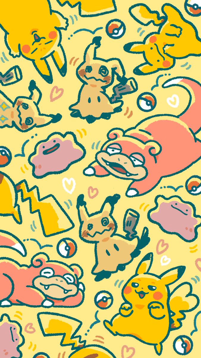 自分のiPhone壁紙用に描いた ピカチュウとヤドンとミミッキュとメタモン 好きなポケモン詰め合わせ #イラスト #illustration, image size:675x1200