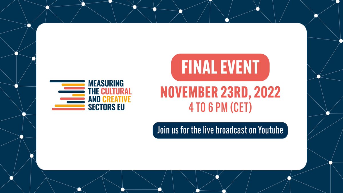 DISCE (@disce_eu) on Twitter photo 📣 LIVE TODAY: MEASURING CCS FINAL EVENT📣
This event enables the <a href="/MeasuringCCS/">Measuring the Cultural and Creative Sectors in EU</a> Team to present a new statistical framework to measure the Cultural and Creative Sector in the EU!
🕒 16:00 to 18:00 CET
🌐 Join now: bit.ly/3Eh97p3
#MeasuringCCS #CCSintheEU #EUprojects 📣 LIVE TODAY: MEASURING CCS FINAL EVENT📣
This event enables the <a href="/MeasuringCCS/">Measuring the Cultural and Creative Sectors in EU</a> Team to present a new statistical framework to measure the Cultural and Creative Sector in the EU!
🕒 16:00 to 18:00 CET
🌐 Join now: bit.ly/3Eh97p3
#MeasuringCCS #CCSintheEU #EUprojects