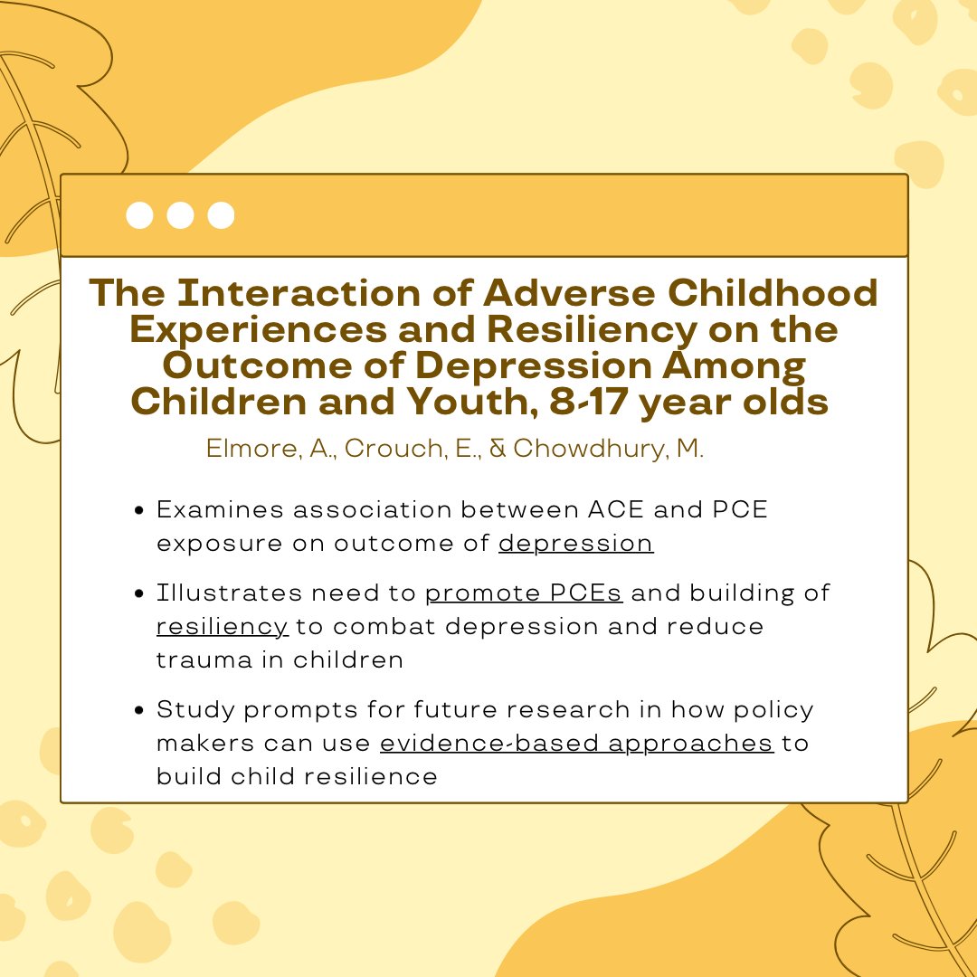 This study examines the link between adverse childhood experiences (#ACEs) and positive childhood experiences (#PCEs) related to #resiliency on the outcome of #depression in #youth <a href="/DrWekerle/">Dr.Christine Wekerle</a> 

To read the full article, click the following link: doi.org/10.1016/j.chia…