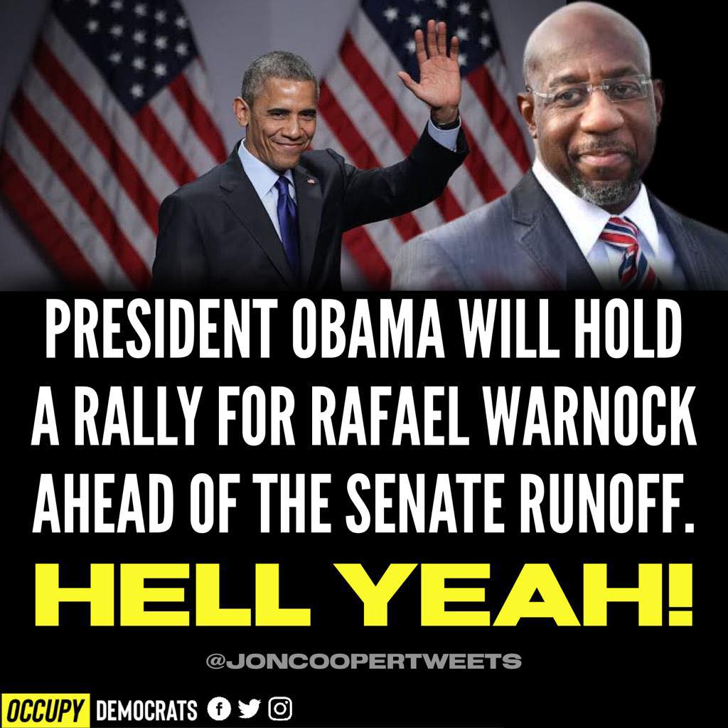 warrenswil's tweet photo. Big guns come out in crucial GA #Senate race
#Obama to rally for #Warnock before run-off
No one can get out vote better than #Obama
He’ll boost BLUE turnout & #WarnockWillWin
#ProudBlue22 #OBV #DemVoice https://t.co/j00Ojcu2oY