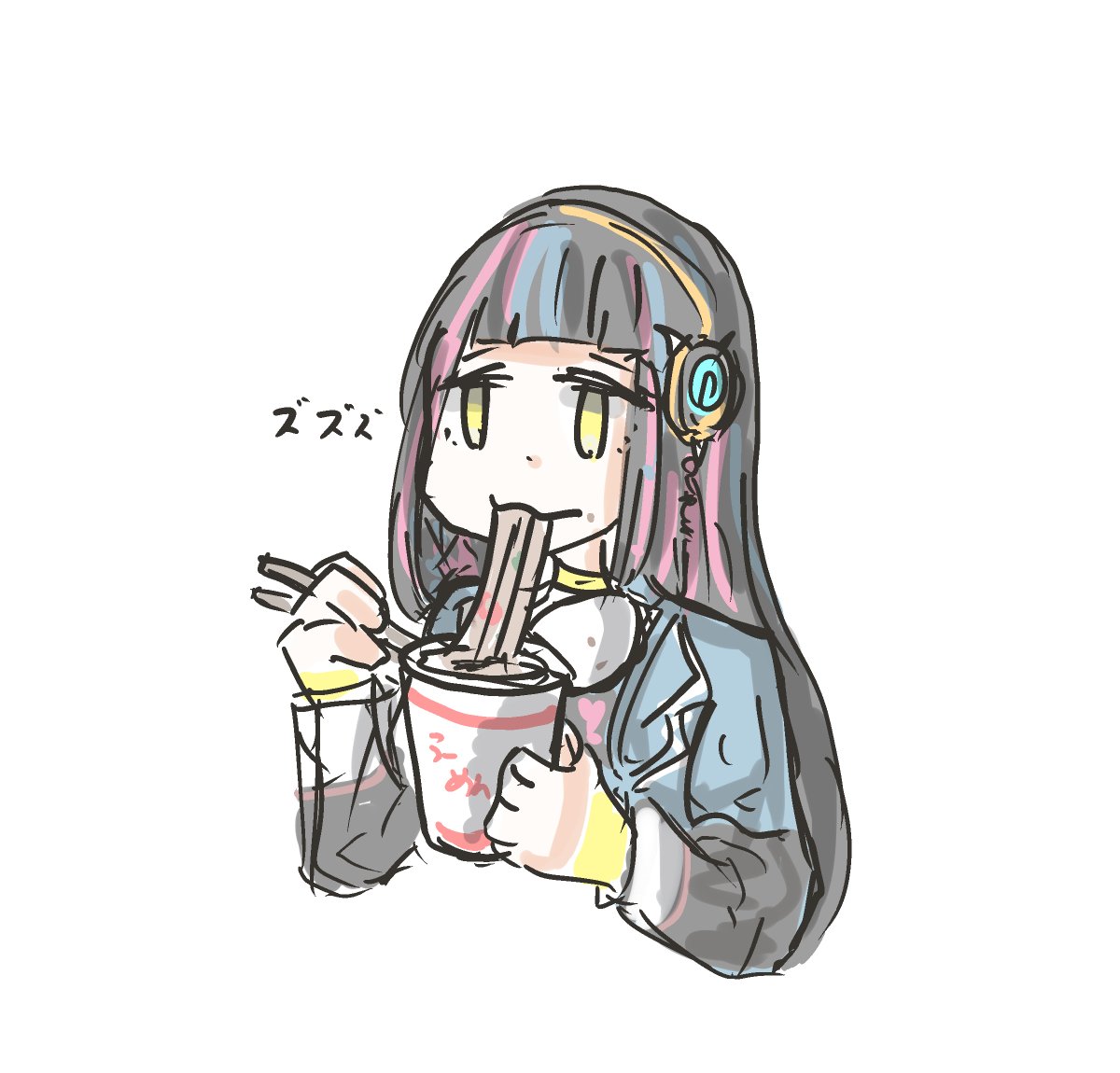 1girl eating solo headphones food long hair cup ramen  illustration images