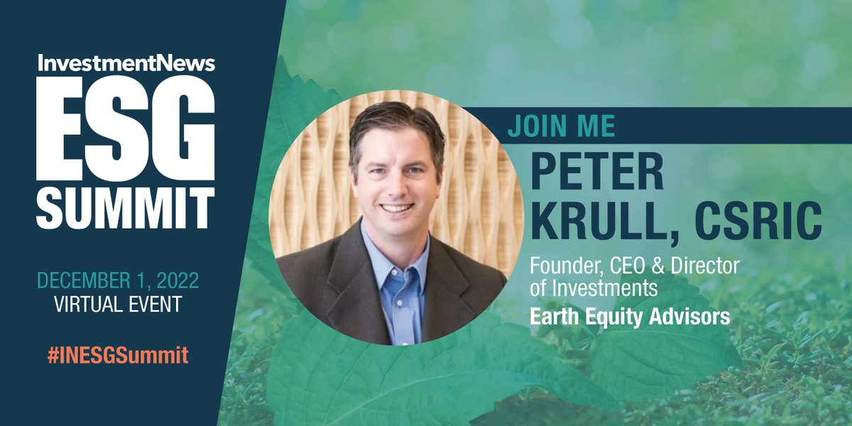 investmentnews's tweet image. We're looking forward to hearing Peter Krull ( @intentionassets ) discuss "Making the Business Case for ESG Amid Lower Short-Term Returns" at our Virtual ESG Summit on December 1st! Visit our website &amp;amp; be sure to register today: bit.ly/3V2ciZe  #ESG @EarthEquityAdv
