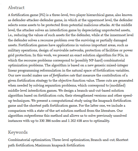 Check out our new branch-and-cut for binary defender-attacker-defender games.

With <a href="/maleitner/">Markus Leitner</a> <a href="/mmonaci74/">Michele Monaci</a> <a href="/msinnl/">Markus Sinnl</a> <a href="/kubrataninmis/">Kübra Tanınmış</a> 

doi.org/10.1016/j.ejor…

#orms