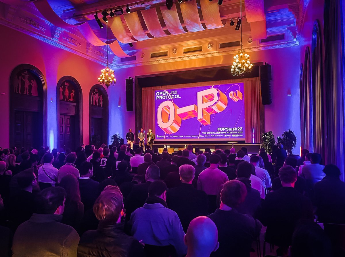 What a day.  #OPSlush22 was <a href="/SlushHQ/">Slush</a>'s largest side event &amp; the largest Nordic Web3 event ever.
✉️ 1690 applicants
🏁600 attendees
📢 40 speakers
📝 13 talks
Shout out to <a href="/BackedVC/">BACKED 🏴</a>, <a href="/glxydotgg/">Galaxy Interactive</a>, <a href="/fabric_vc/">Fabric Ventures</a>, @Stardust, <a href="/SuiNetwork/">Sui</a>, <a href="/tezos/">Tezos</a>, <a href="/AaveGrants/">Aave Grants</a>, <a href="/NEARProtocol/">NEAR Protocol</a> &amp; <a href="/Google/">Google</a> 🏆