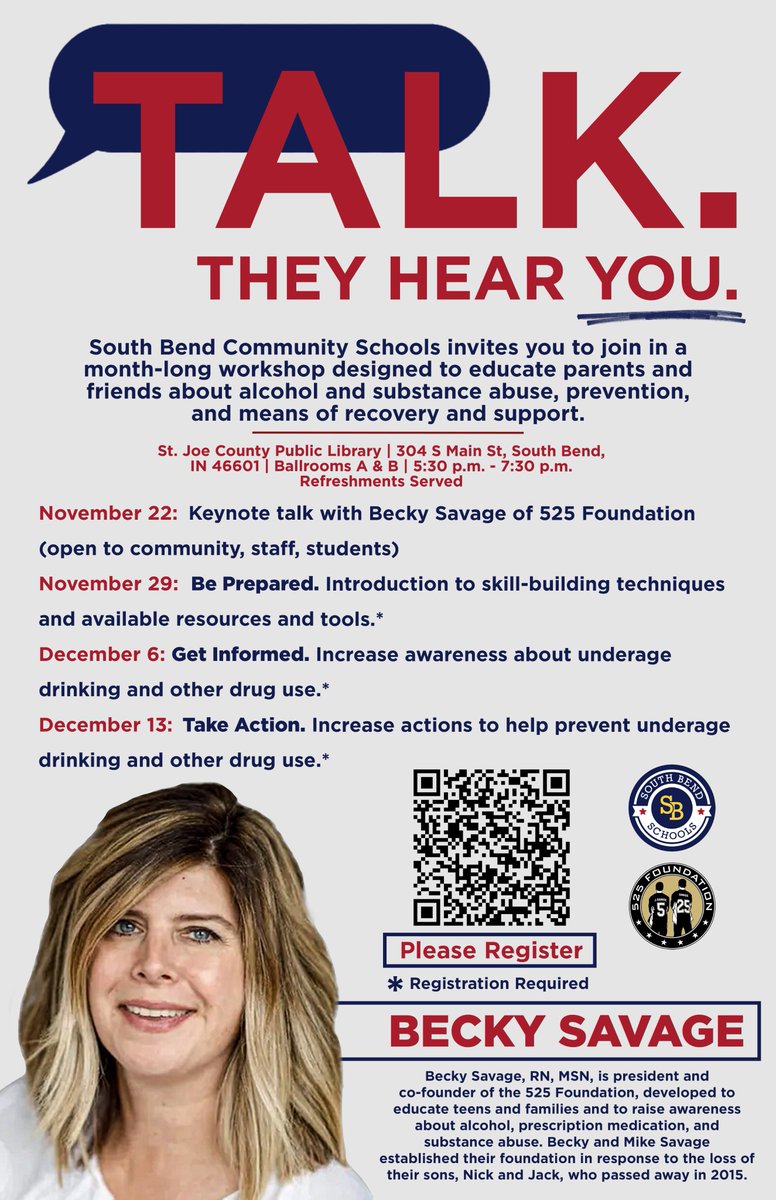 South Bend Schools (@southbendcsc) on Twitter photo Please join us this evening at 5:30 p.m. <a href="/sjcplib/">St. Joe County Public Library</a> for a keynote address from <a href="/525Foundation/">525 Foundation</a> 's co-founder, Becky Savage. All are invited to join. Please join us this evening at 5:30 p.m. <a href="/sjcplib/">St. Joe County Public Library</a> for a keynote address from <a href="/525Foundation/">525 Foundation</a> 's co-founder, Becky Savage. All are invited to join.