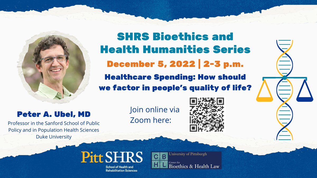 Pitt Center for Bioethics & Health Law (@pittbioethics) on Twitter photo Join us virtually on December 5th at 2pm ET for the
<a href="/PittSHRS/">Pitt SHRS</a> <a href="/pittbioethics/">Pitt Center for Bioethics & Health Law</a> Bioethics and Health Humanities lecture series. <a href="/peterubel/">Peter Ubel</a> will present "Whose Quality of Life? Challenges in Measuring the 'Value' of Medical Care."
Register here: pitt.zoom.us/meeting/regist… Join us virtually on December 5th at 2pm ET for the
<a href="/PittSHRS/">Pitt SHRS</a> <a href="/pittbioethics/">Pitt Center for Bioethics & Health Law</a> Bioethics and Health Humanities lecture series. <a href="/peterubel/">Peter Ubel</a> will present "Whose Quality of Life? Challenges in Measuring the 'Value' of Medical Care."
Register here: pitt.zoom.us/meeting/regist…