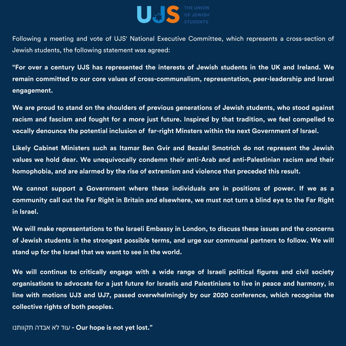 UJS_UK's tweet photo. Following a meeting and vote of UJS' National Executive Committee, which represents a cross-section of Jewish students, the following statement was agreed: https://t.co/9iXturMCIi